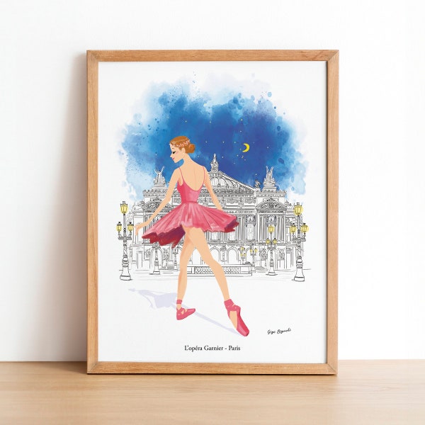 Poster 30x40cm Opéra Garnier de Paris: dancer in tutu with the opera in the background. Illustration by Rose Souriceau