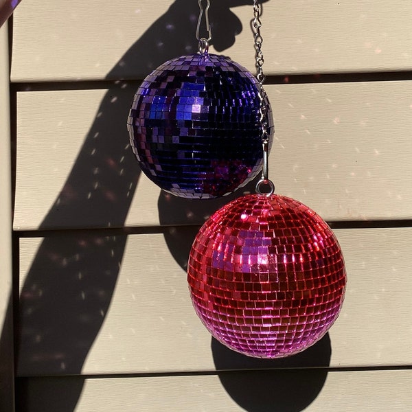 Mini Disco Ball | 4 inch diameter | Available in Pink Ombre and Violet | Glass Mirror Tiles | Handmade | Customizable Chain Length