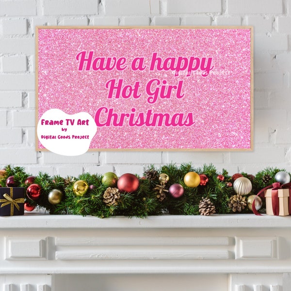 Hot Girl Christmas Samsung Frame TV Art Holiday, Pink Glitter, Vintage Santa Girly Retro Pastel Xmas Tree Decor, Winter In My Merry Era