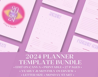 2024 Monthly Planner, Monday Start To Do Lists, Perpetual 2024 Vision Board Goal Kit, Digital Affirmation Monthly Overview Minimal Planner