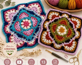Blooming Star Granny Square Crochet Pattern PDF | US Terms | Video Tutorial | Floral Motif | Afghan Block | Mandala Pattern | Persian Tiles