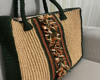 Alle Produkte werden von Hand genäht. %100 handgemachte Sommer-Umhängetasche, gestrickte farbige Tasche, Häkeltasche, große gestrickte Tasche, Stroh-Sommertasche