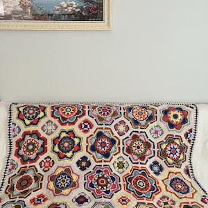 Handmade Crochet Persian Tile Blanket, Granny Square Mandala Bedspread, Colorful Afghan Throw