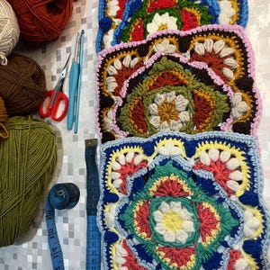 22 cm, Mandala Granny Square Crochet Pattern: Persian Tiles Pattern, Video Tutorial (PDF Download).