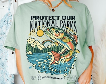 Protect Our Parks Comfort Colors Tee: Vintage Trout Graphic Hiking Shirt