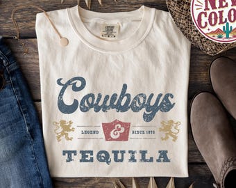 Maglietta grafica Cowboys & Tequila: maglietta vintage in stile western con colori comodi