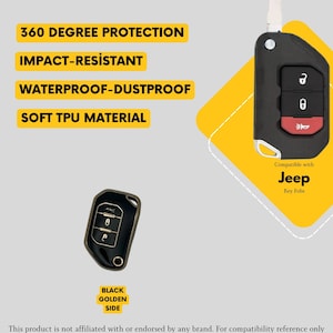Op de afbeelding: Zwarte sleutelhangerhoes met de tekst "Compatible with Jeep Key Fobs". De hoes is zwart met een gouden zijkant en heeft de tekst "360 DEGREE PROTECTION", "IMPACT-RESISTANT", "WATERPROOF-DUSTPROOF" en "SOFT TPU MATERIAL".