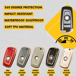 Op de afbeelding: Beschermende autosleutelhoezen in rood, grijs, groen, zwart en wit met goudkleurige randen. De tekst luidt "360 DEGREE PROTECTION", "IMPACT-RESISTANT", "WATERPROOF-DUSTPROOF" en "SOFT TPU MATERIAL". Een BMW-logo is ook zichtbaar.
