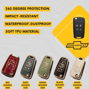 May include: A selection of car key fobs in various colours: red, grey, green, black, and white, each with gold-coloured trim. The image features the Chevrolet logo and text stating "360 Degree Protection", "Impact-Resistant", "Waterproof-Dustproof", and "Soft TPU Material".