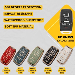 Puede incluir: Imagen de llaveros de coche en rojo, gris, verde, negro y blanco con detalles dorados. La imagen también muestra un llavero negro. El texto de la imagen dice "360 Degree Protection", "Impact-Resistant", "Waterproof-Dustproof" y "Soft TPU Material". La marca "RAM DODGE" también es visible.