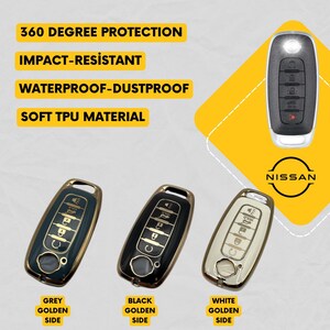 May include: Image of Nissan car key fobs in grey, black, and white with gold-colored trim. The image includes text that reads "360 Degree Protection", "Impact-Resistant", "Waterproof-Dustproof", and "Soft TPU Material". The Nissan logo is also visible.