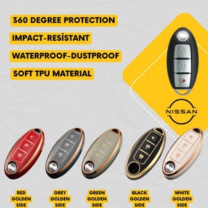 May include: A selection of car key fob covers in red, grey, green, black, and white with gold trim. The image includes the text "360 Degree Protection", "Impact-Resistant", "Waterproof-Dustproof", and "Soft TPU Material". The Nissan logo is also visible.