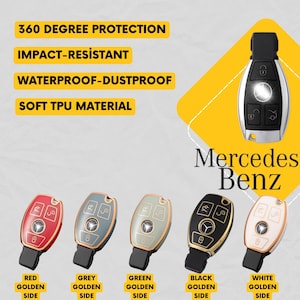 Puede incluir: Imagen de carcasas de llaves de coche Mercedes Benz en rojo, gris, verde, negro y blanco, con detalles dorados. El texto incluye "360 Degree Protection", "Impact-Resistant", "Waterproof-Dustproof" y "Soft TPU Material".