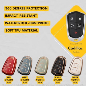 Op de afbeelding: Sleutelhouder covers in rood, grijs, groen, zwart en wit met gouden accenten. Deze covers zijn ontworpen voor Cadillac sleutelhangers en bieden 360-graden bescherming, zijn schokbestendig, waterdicht en stofdicht. Gemaakt van zacht TPU-materiaal.