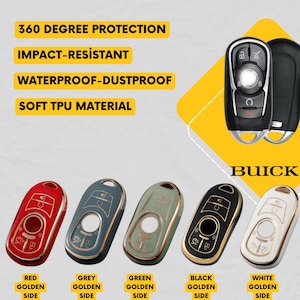 Op de afbeelding: Auto sleutelhoezen in rood, grijs, groen, zwart en wit met gouden accenten. De afbeelding toont het woord "BUICK" en de tekst "360 Degree Protection", "Impact-Resistant", "Waterproof-Dustproof" en "Soft TPU Material".