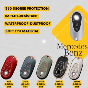 Puede incluir: Varias carcasas de llaves de coche en rojo, gris, verde, negro y blanco, con detalles dorados. La imagen incluye el texto "Mercedes Benz" y frases como "360 Degree Protection" e "Impact-Resistant."