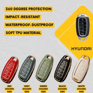 May include: A collection of Hyundai car key fobs in various colors, including red, grey, green, black, and white, with gold-colored accents. The image also features text that reads "360 Degree Protection," "Impact-Resistant," "Waterproof-Dustproof," and "Soft TPU Material."