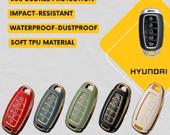 May include: A selection of Hyundai car key fobs in red, grey, green, black, and white, with gold-coloured detailing. The image includes text stating "360 Degree Protection", "Impact-Resistant", "Waterproof-Dustproof", and "Soft TPU Material."
