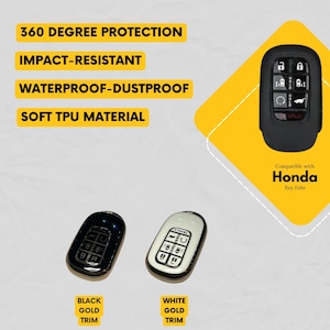 May include: Black and white key fobs with gold trim are displayed, along with a black key fob in a protective case. Text highlights features: 360 degree protection, impact-resistant, waterproof-dustproof, and soft TPU material. Compatible with Honda key fobs.
