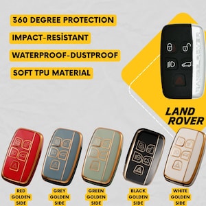 May include: Protective key fob covers for Land Rover vehicles in red, grey, green, black, and white. Each cover has a golden side trim. The image also displays the words "360 Degree Protection", "Impact-Resistant", "Waterproof-Dustproof", and "Soft TPU Material".