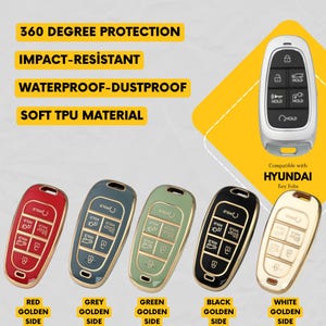 May include: A collection of car key fobs in various colors, including red, grey, green, black, and white, with gold accents. The image includes text that says "360 Degree Protection", "Impact-Resistant", "Waterproof-Dustproof", and "Soft TPU Material".