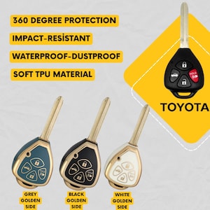 Op de afbeelding: Afbeelding van autosleutelhoezen in grijs, zwart en wit met gouden accenten. Er wordt ook een Toyota-autosleutel getoond. Tekst op de afbeelding luidt: 360 graden bescherming, schokbestendig, waterdicht-stofdicht, zacht TPU-materiaal.