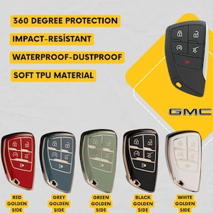 Op de afbeelding: Een verzameling autosleutelhangers in rood, grijs, groen, zwart en wit, met goudkleurige accenten. De afbeelding toont ook een zwarte sleutelhanger. De tekst op de afbeelding luidt: 360 graden bescherming, schokbestendig, waterdicht-stofdicht en zacht TPU-materiaal.