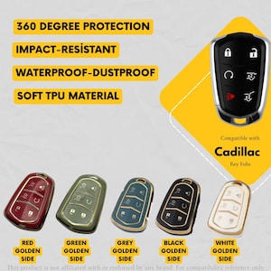 Puede incluir: Imagen de carcasas de llaves de coche Cadillac en varios colores, incluyendo rojo, verde, gris, negro y blanco, con detalles dorados en los laterales. El texto destaca características como protección de 360 grados, resistencia a impactos y a prueba de agua/polvo.