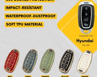 May include: A set of five protective car key fob covers in red, grey, green, black, and white, each featuring golden side accents. The text includes 360 DEGREE PROTECTION, IMPACT-RESISTANT, WATERPROOF-DUSTPROOF, SOFT TPU MATERIAL, and Compatible with Hyundai Key Fobs.