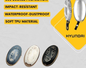 May include: A set of oval Hyundai car key fob covers in grey, white, and black with golden edges. Text includes 360 DEGREE PROTECTION, IMPACT-RESISTANT, WATERPROOF-DUSTPROOF, SOFT TPU MATERIAL, and HYUNDAI. Features include button icons.