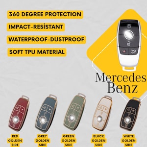 Op de afbeelding: Afbeelding van Mercedes-Benz autosleutelhangers in verschillende kleuren: rood, grijs, groen, zwart en wit. Elke sleutelhanger heeft een gouden zijkant en is gelabeld met de kleurnaam. De afbeelding bevat ook tekst: 360 graden bescherming, schokbestendig, waterdicht-stofdicht en zacht TPU-materiaal.
