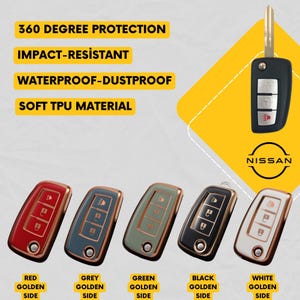 Op de afbeelding: Beschermende sleuteletuis in rood, grijs, groen, zwart en wit met goudkleurige randen. De afbeelding bevat de tekst "360 Degree Protection", "Impact-Resistant", "Waterproof-Dustproof" en "Soft TPU Material". Het Nissan-logo is ook zichtbaar.