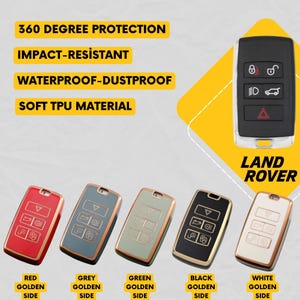 May include: Key fob covers in red, grey, green, black, and white with gold trim. The image includes the text "360 DEGREE PROTECTION", "IMPACT-RESISTANT", "WATERPROOF-DUSTPROOF", and "SOFT TPU MATERIAL". The Land Rover logo is also visible.