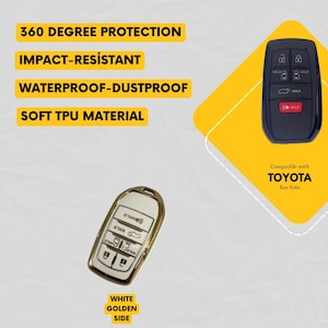 Puede incluir: Imagen de una funda para llavero negra y dorada con el texto "360 DEGREE PROTECTION", "IMPACT-RESISTANT", "WATERPROOF-DUSTPROOF" y "SOFT TPU MATERIAL". La funda del llavero es compatible con los llaveros Toyota.