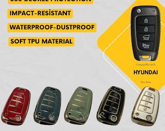May include: A set of five protective key fob covers for Hyundai vehicles in red, grey, green, black, and white, each with golden side accents. Text includes 360 DEGREE PROTECTION, IMPACT-RESISTANT, WATERPROOF-DUSTPROOF, SOFT TPU MATERIAL, and Compatible with HYUNDAI.