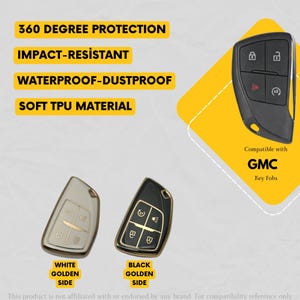 Op de afbeelding: Afbeelding van sleutelhangers met de tekst "360 DEGREE PROTECTION", "IMPACT-RESISTANT", "WATERPROOF-DUSTPROOF" en "SOFT TPU MATERIAL". De sleutelhangers zijn wit en zwart met gouden zijaccenten. De tekst "Compatible with GMC Key Fobs" is ook aanwezig.