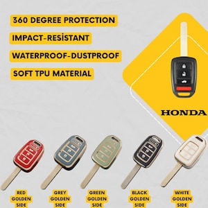 May include: A collection of Honda car key fobs in various colors: red, grey, green, black, and white. Each fob has a golden side and is labeled with the color name. The image also displays the text "360 Degree Protection", "Impact-Resistant", "Waterproof-Dustproof", and "Soft TPU Material".