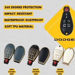 Könnte beinhalten: Bild von Dodge Autoschlüsselanhängern in verschiedenen Farben: Grau, Schwarz und Weiß, mit goldfarbenen Seiten. Das Bild zeigt auch einen schwarzen Schlüsselanhänger mit dem Wort "Dodge" und dem Text "360 Degree Protection", "Impact-Resistant", "Waterproof-Dustproof" und "Soft TPU Material".