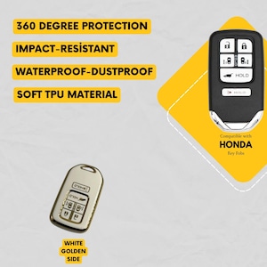 May include: Image of two key fobs, one black and one white with gold trim. The black fob has buttons and the text "HOLD". The white fob has buttons and the text "HONDA Key Fobs". Text on the left says "360 DEGREE PROTECTION", "IMPACT-RESISTANT", "WATERPROOF-DUSTPROOF", and "SOFT TPU MATERIAL".