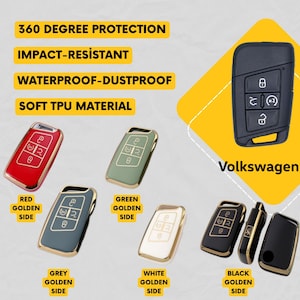 以下が含まれることがあります： 赤、緑、グレー、白、黒など、さまざまな色のフォルクスワーゲンキーフォブの画像。金色の側面アクセントが付いています。画像には「360度保護」、「耐衝撃性」、「防水防塵」、「ソフトTPU素材」というテキストも表示されています。