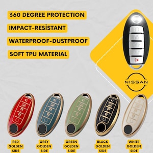 May include: A collection of Nissan car key fobs in various colors: red, grey, green, black, and white. Each fob has a golden side and features the Nissan logo. Text on the image reads: 360 Degree Protection, Impact-Resistant, Waterproof-Dustproof, and Soft TPU Material.