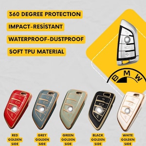 Op de afbeelding: Beschermende autosleutelhoezen in rood, grijs, groen, zwart en wit met gouden accenten. De afbeelding bevat tekst: 360 graden bescherming, schokbestendig, waterdicht-stofdicht en zacht TPU-materiaal. Een BMW-logo is ook zichtbaar.