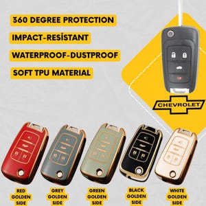 Op de afbeelding: Auto sleutelbehuizingen in rood, grijs, groen, zwart en wit met goudkleurige afwerking. De afbeelding bevat het Chevrolet-logo en de tekst "360 DEGREE PROTECTION", "IMPACT-RESISTANT", "WATERPROOF-DUSTPROOF" en "SOFT TPU MATERIAL".