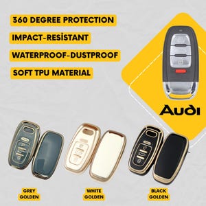 May include: Key fob covers in grey, white, and black with gold trim. The image displays the text "360 Degree Protection", "Impact-Resistant", "Waterproof-Dustproof", and "Soft TPU Material". The Audi logo is also visible.