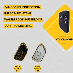 May include: Image of two car key fobs, one black and one white, with golden sides. The image also shows a black key fob with the text "Compatible with VOLKSWAGEN Key Fobs". Text on the image reads "360 DEGREE PROTECTION", "IMPACT-RESISTANT", "WATERPROOF-DUSTPROOF", and "SOFT TPU MATERIAL".