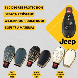 May include: A collection of car key fobs in various colors, including grey, black, and white, with golden side accents. The image also features a black Jeep key fob with the word "Jeep" in white. Text on the image reads "360 Degree Protection", "Impact-Resistant", "Waterproof-Dustproof", and "Soft TPU Material".