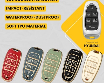 Puede incluir: Un juego de cinco fundas de TPU para llaves de vehículos Hyundai, disponibles en rojo, gris, verde, negro y blanco, con bordes dorados. El texto incluye 360 DEGREE PROTECTION, IMPACT-RESISTANT, WATERPROOF-DUSTPROOF, SOFT TPU MATERIAL y Compatible with HYUNDAI Key Fobs.