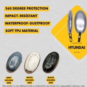 Peut inclure: Image de coques de clés de voiture grises, blanches et noires avec des accents dorés. Le texte indique "360 Degree Protection", "Impact-Resistant", "Waterproof-Dustproof" et "Soft TPU Material". Compatibles avec les clés Hyundai.