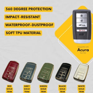 May include: Protective key fob covers in red, grey, green, black, and white with gold trim. The image shows the key fob covers and a compatible Acura key fob. Text on the image reads "360 Degree Protection", "Impact-Resistant", "Waterproof-Dustproof", and "Soft TPU Material".
