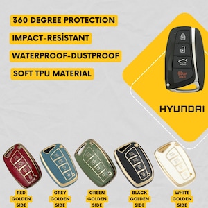 Op de afbeelding: Een verzameling autosleutelhoezen in verschillende kleuren, waaronder rood, grijs, groen, zwart en wit, met goudkleurige zijaccenten. De tekst "360 DEGREE PROTECTION", "IMPACT-RESISTANT", "WATERPROOF-DUSTPROOF" en "SOFT TPU MATERIAL" is ook zichtbaar. De merknaam "HYUNDAI" is ook zichtbaar.